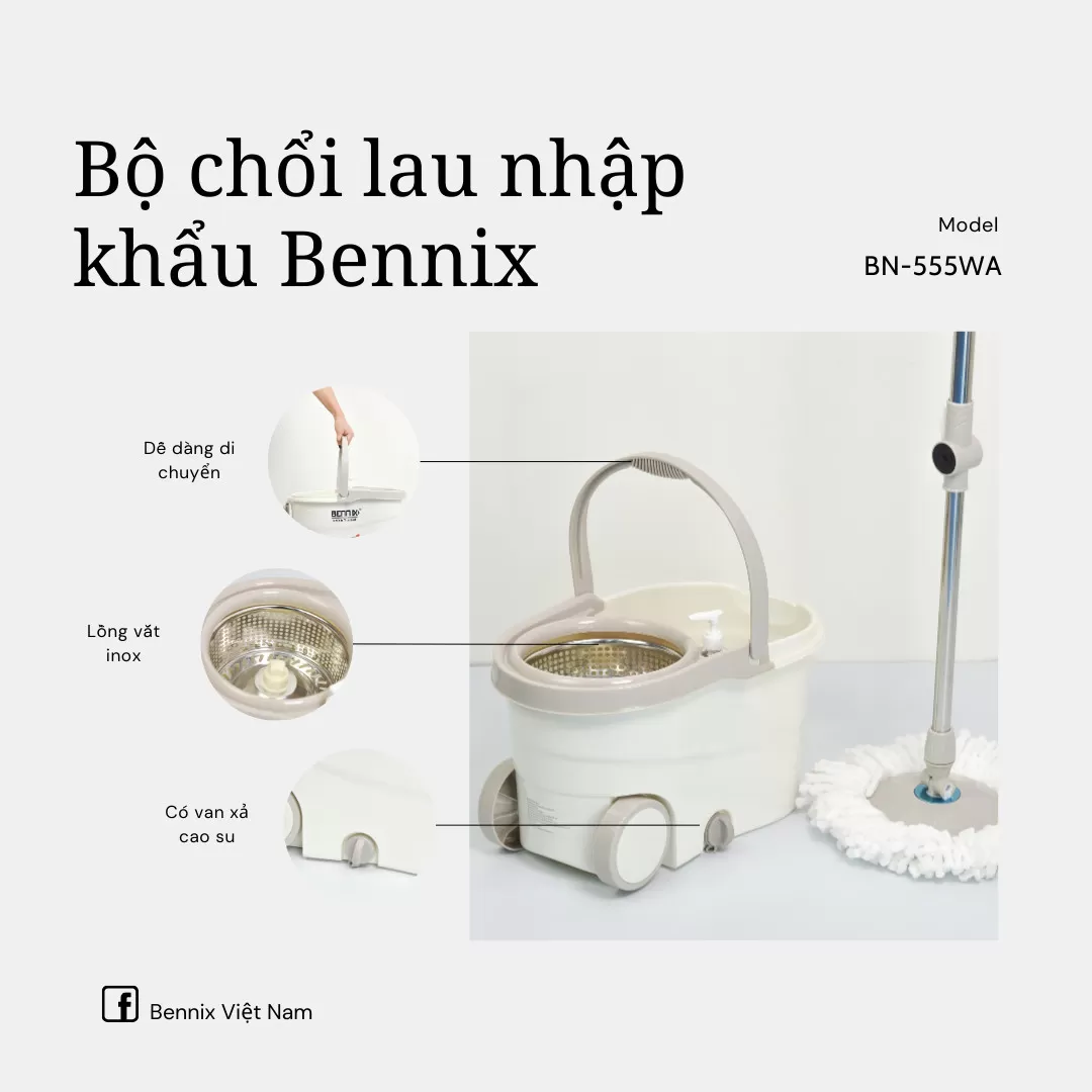 Bộ chổi lau nhập khẩu Bennix BN-555WA 360 độ tự vắt thông minh