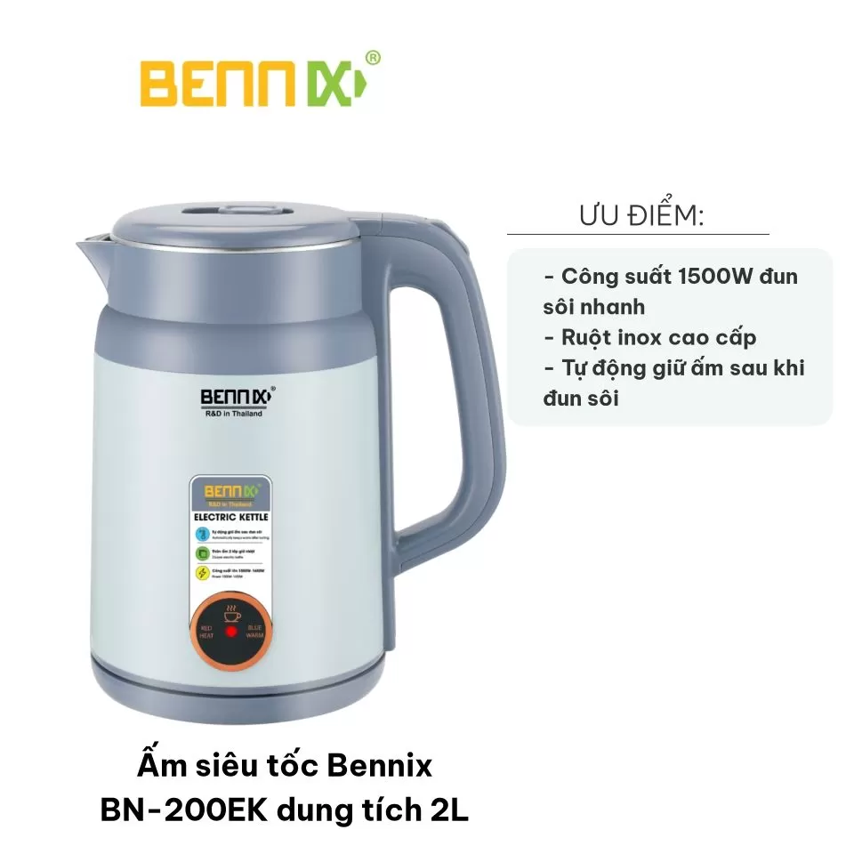 Ấm Siêu Tốc Bennix BN-200EK 2 Lít - Đun Nước Nhanh Chóng, Tiết Kiệm Thời Gian