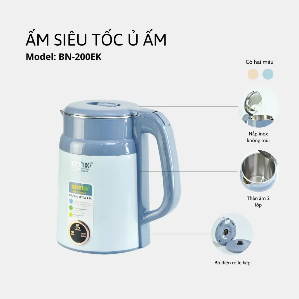 Ấm Siêu Tốc Bennix BN-200EK 2 Lít - Đun Nước Nhanh Chóng, Tiết Kiệm Thời Gian