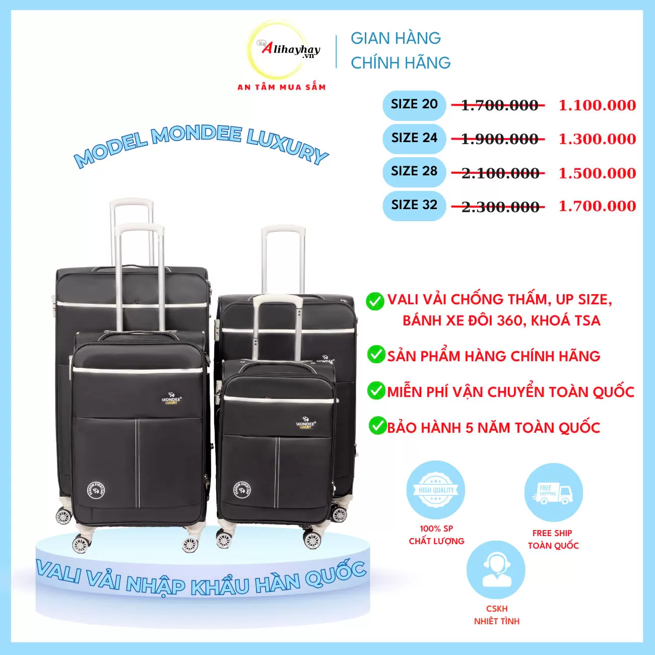 Vali vải  MONDEE Luxury màu đen  ( FREE SHIP toàn quốc)