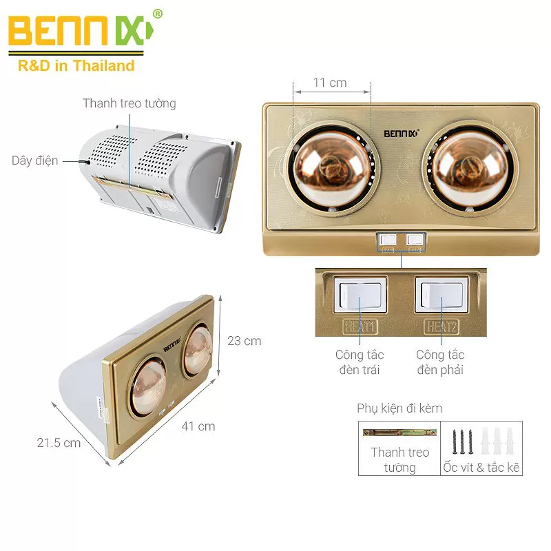 Đèn sưởi nhà tắm Bennix 2 bóng BN-02BG Plus