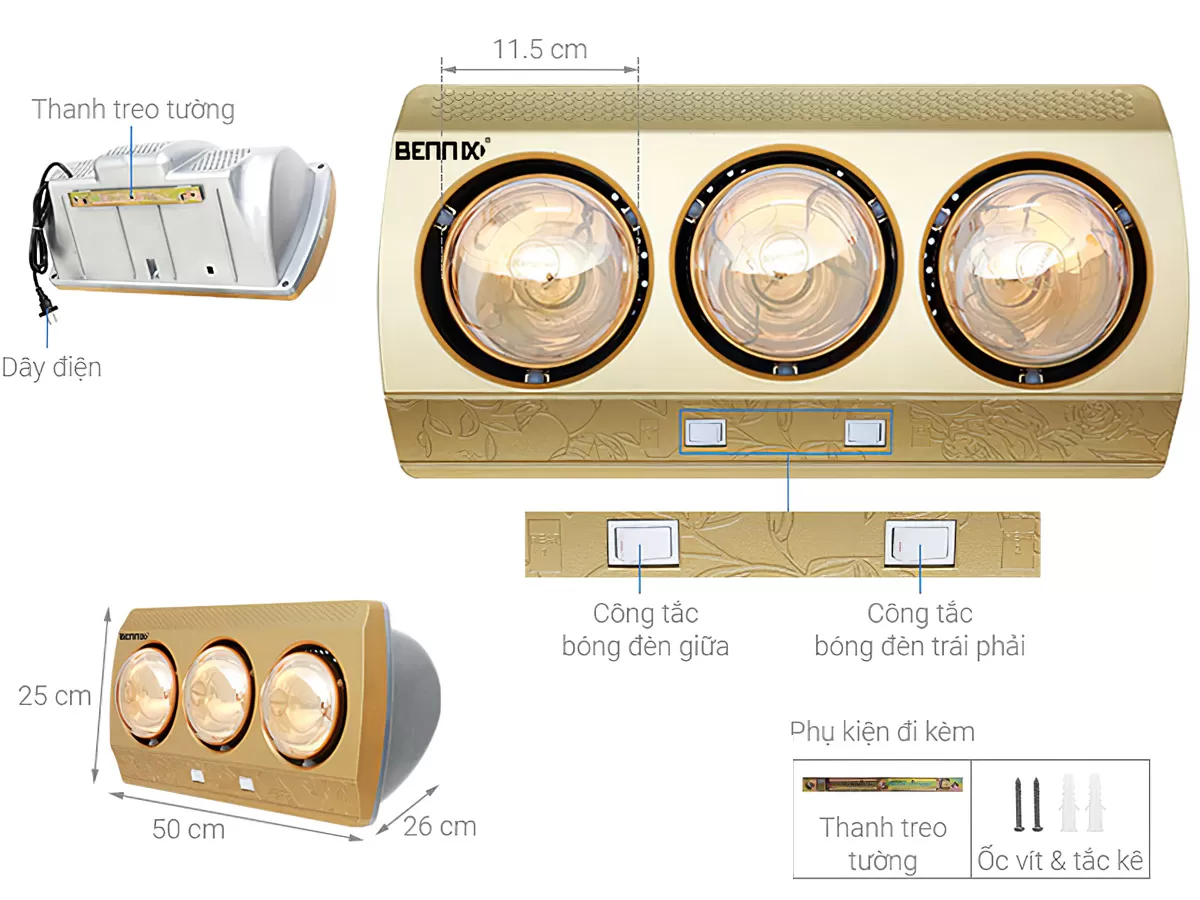 ĐÈN SƯỞI NHÀ TẮM BENNIX BN-03BG PLUS LOẠI 3 BÓNG