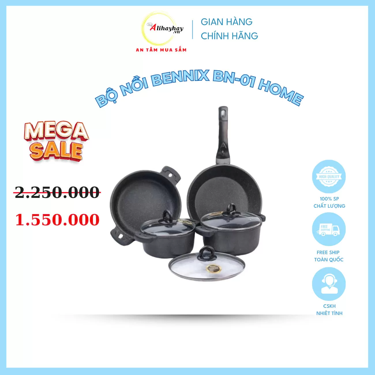 Bộ nồi đúc chống dinh Bennix Thái Lan BN-01 HOME,combo 4 món ( Nồi 18cm, 20cm,24cm,chảo  26cm)