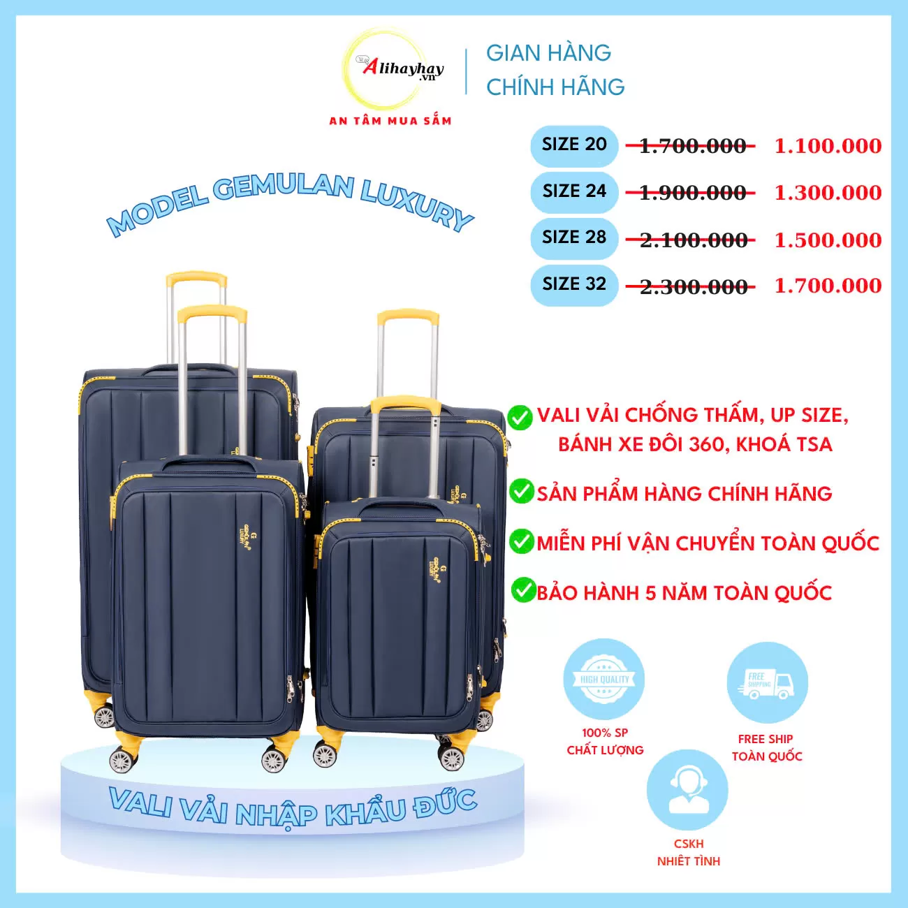 Vali vải  GENMULAN Luxury mầu xanh Navi ( FREE SHIP toàn quốc)